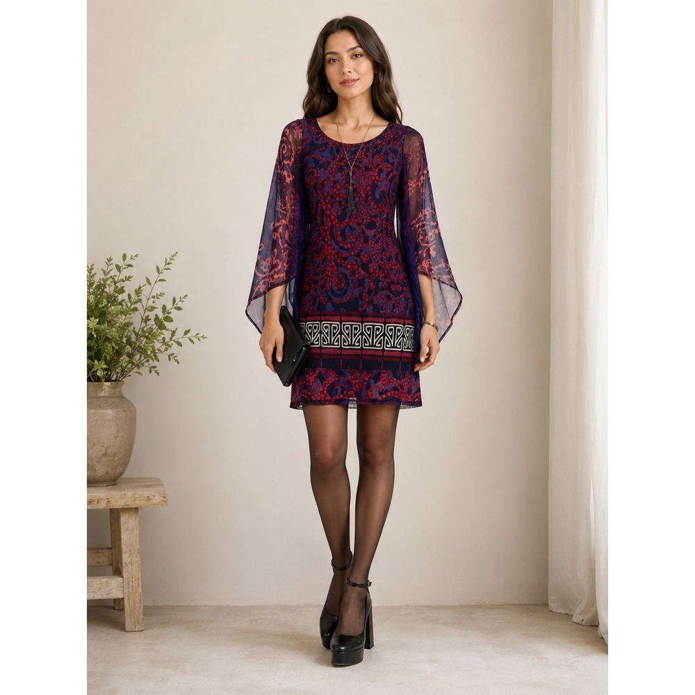 Analili Mini Dress Women S Purple Red Printed Silk Chiffon Bell Sleeve NWT